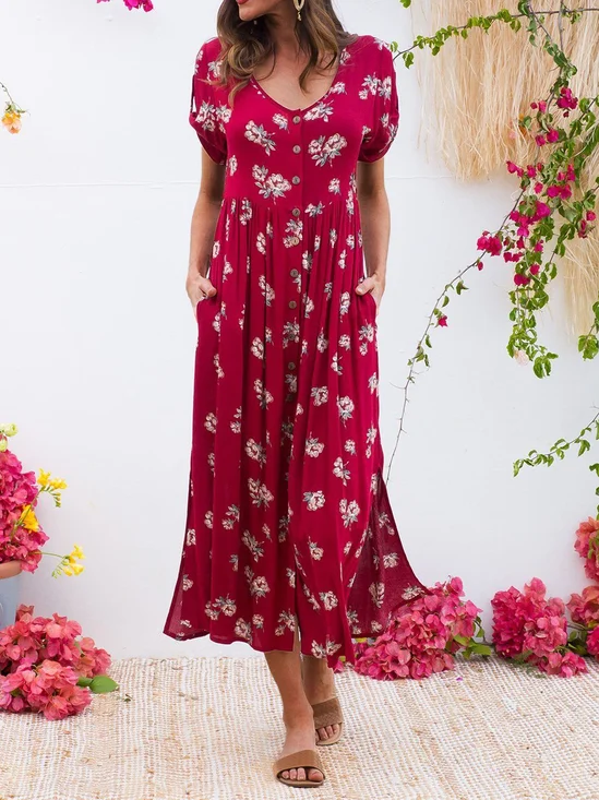 Floral Maxi Dress Short Sleeve Printed Weaving Dress